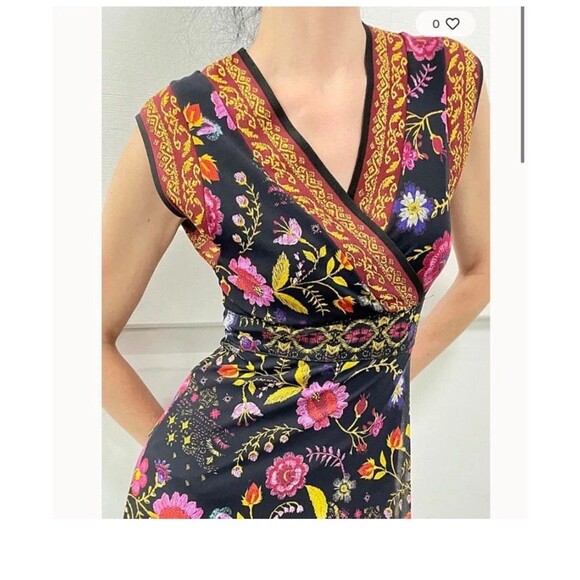 Fuzzi Floral Print Black Multicolored Surplice Midi Dress Sz XL Feminine Y2K - Picture 2 of 16